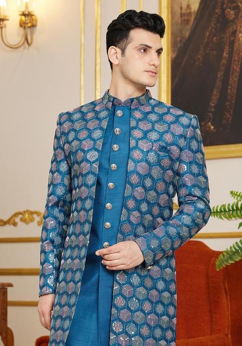 Dark Blue Embroidered Art Silk Kurta Set For Men