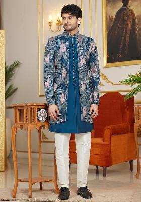 Dark Blue Embroidered Art Silk Kurta Set For Men