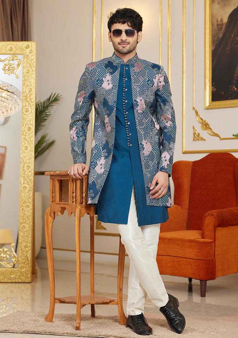 Dark Blue Embroidered Art Silk Kurta Set For Men - Indya