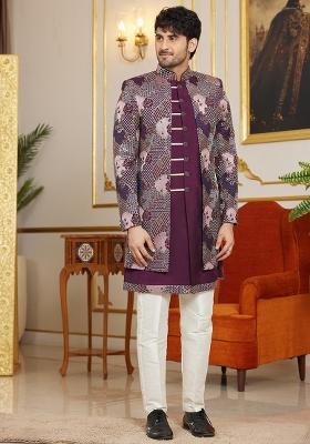 Dark Pink Embroidered Art Silk Kurta Set For Men