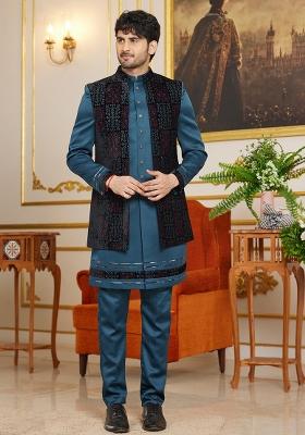 Shaded Blue Embroidered Art Silk Kurta Set For Men
