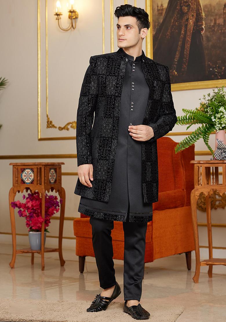 Shaded Yellow Embroidered Art Silk Kurta Set For Men