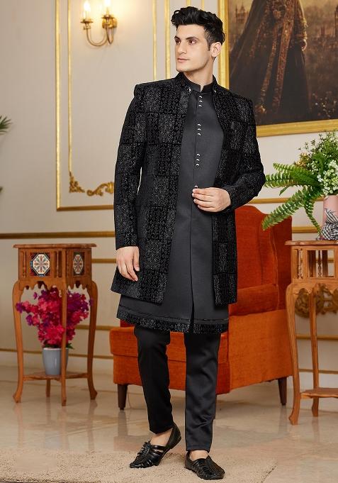 Shaded Yellow Embroidered Art Silk Kurta Set For Men