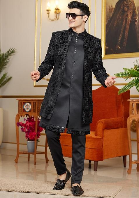 Shaded Yellow Embroidered Art Silk Kurta Set For Men