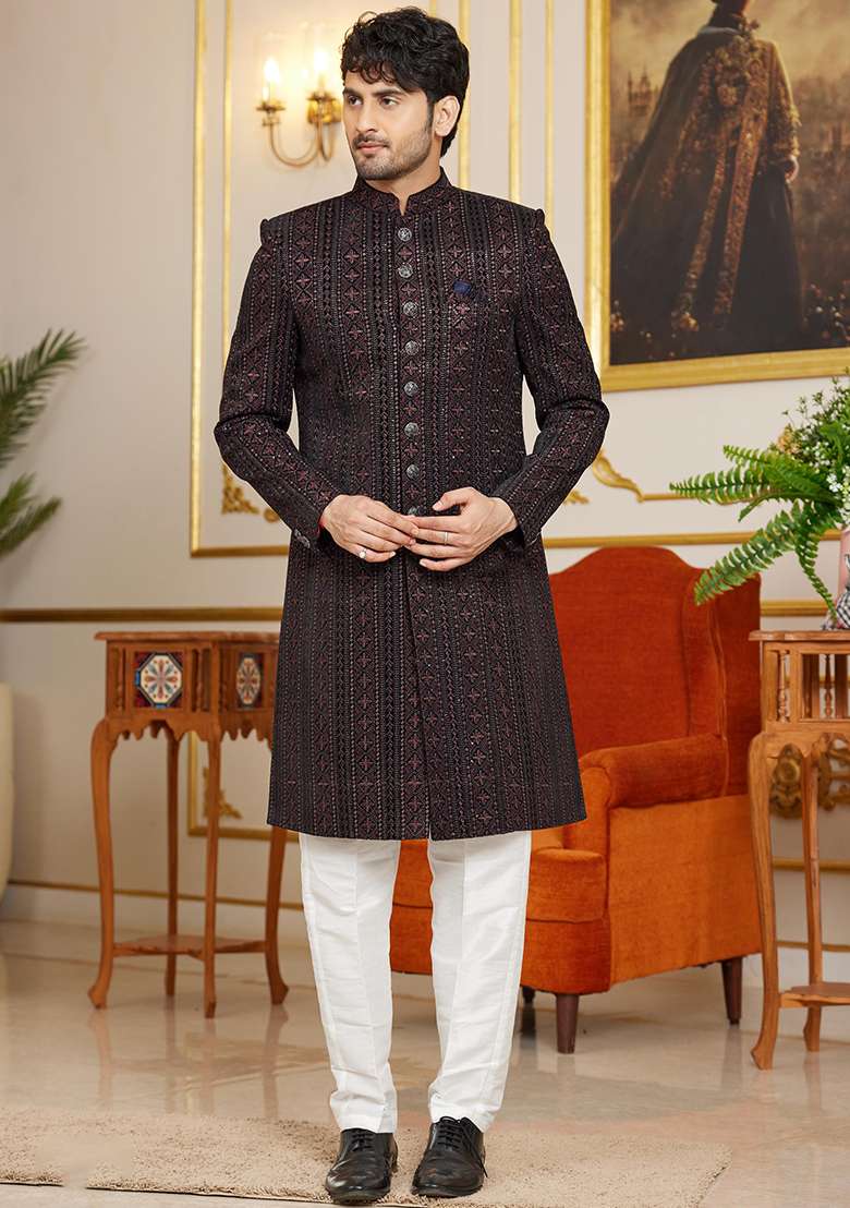 Shaded Onion Embroidered Art Silk Kurta Set For Men - Indya
