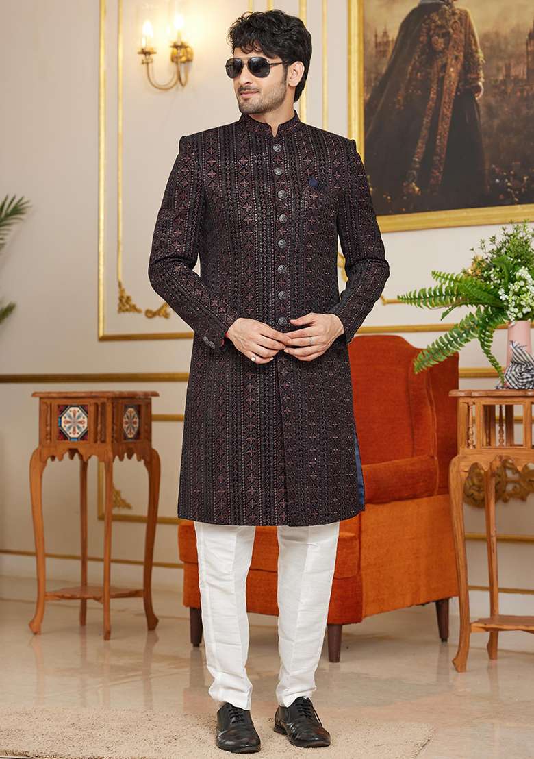 Shaded Onion Embroidered Art Silk Kurta Set For Men - Indya