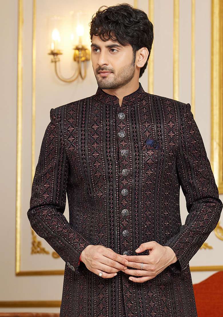 Shaded Onion Embroidered Art Silk Kurta Set For Men - Indya