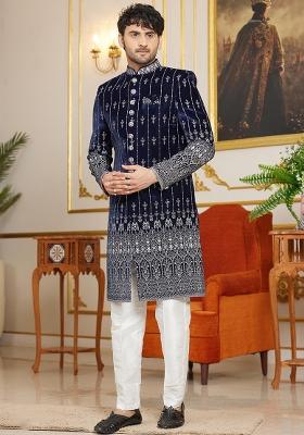 Shaded Grey Black Embroidered Art Silk Kurta Set For Men