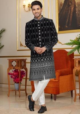 Dark Teal Green Embroidered Art Silk Kurta Set For Men