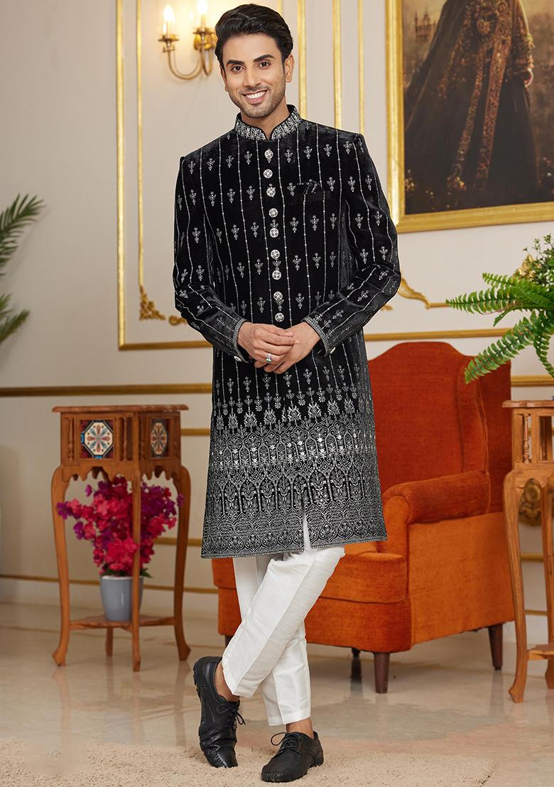 Dark Teal Green Embroidered Art Silk Kurta Set For Men