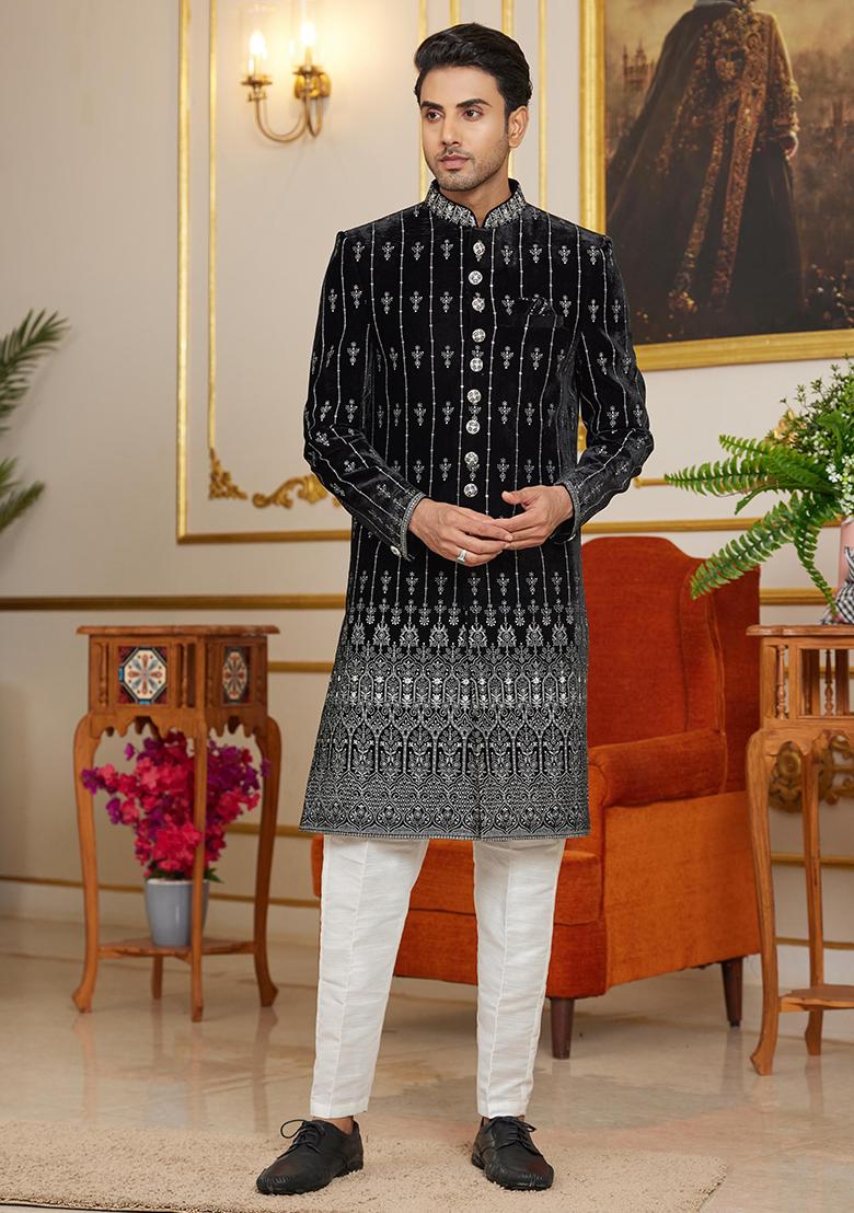 Dark Teal Green Embroidered Art Silk Kurta Set For Men - Indya