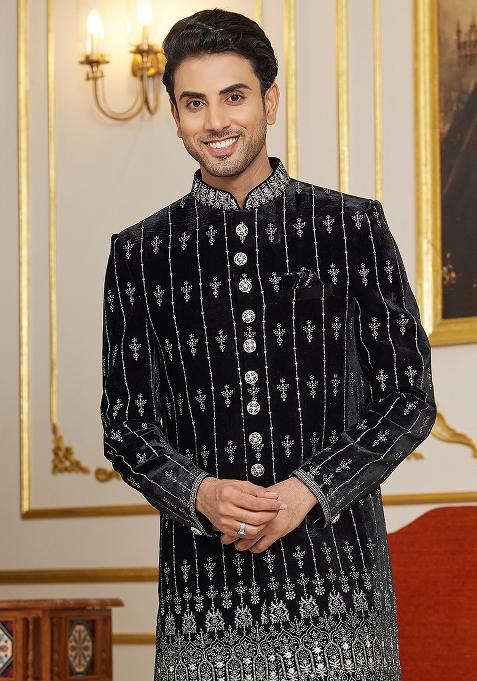 Dark Teal Green Embroidered Art Silk Kurta Set For Men