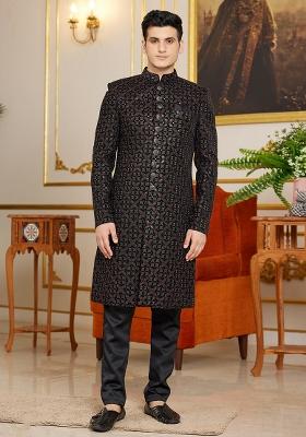 Navy Blue Embroidered Art Silk Kurta Set For Men