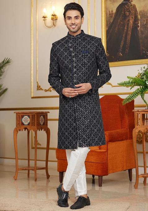 Dark Wine Embroidered Art Silk Kurta Set For Men