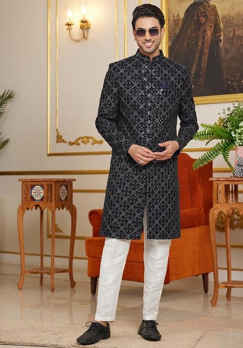 Dark Wine Embroidered Art Silk Kurta Set For Men