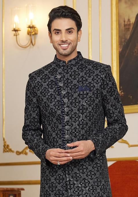 Dark Wine Embroidered Art Silk Kurta Set For Men