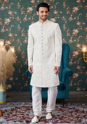 Cream Embroidered Art Silk Sherwani Set For Men