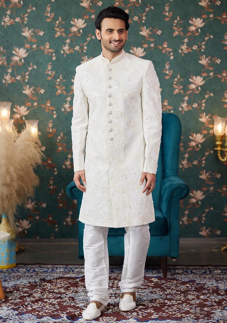 Cream Embroidered Art Silk Sherwani Set For Men
