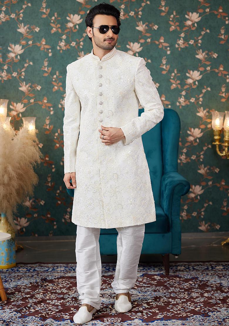 Cream Embroidered Art Silk Sherwani Set For Men