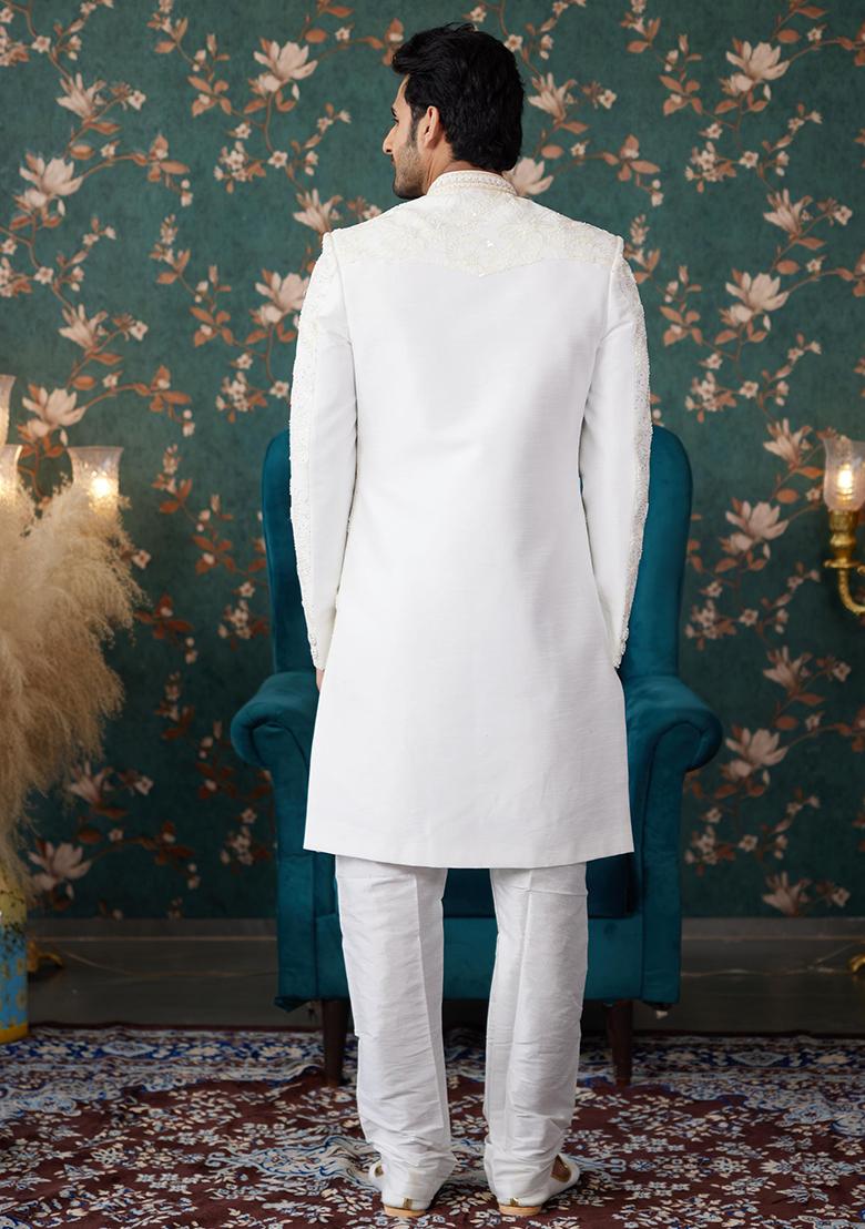 Cream Embroidered Art Silk Sherwani Set For Men