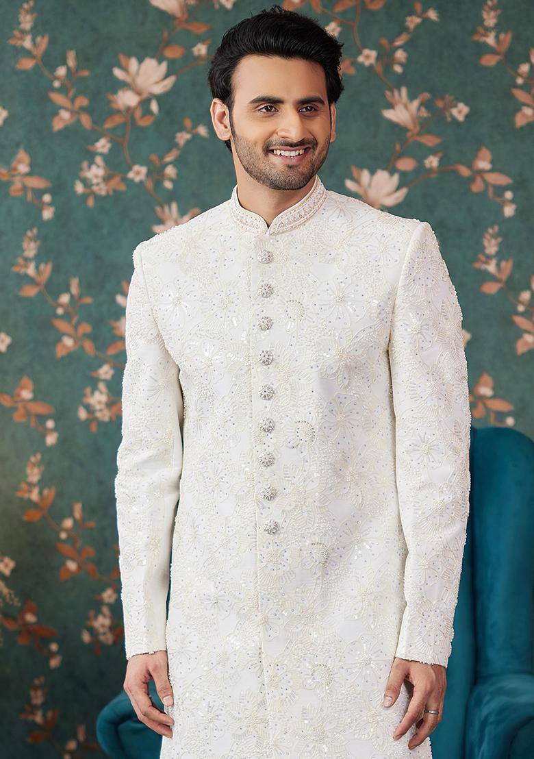 Cream Embroidered Art Silk Sherwani Set For Men