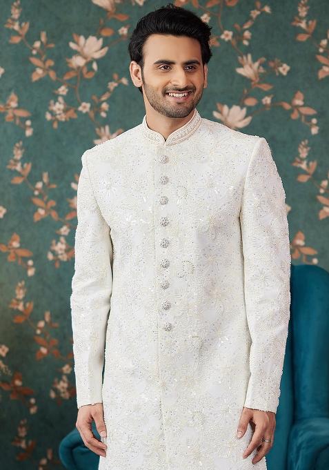 Cream Embroidered Art Silk Sherwani Set For Men