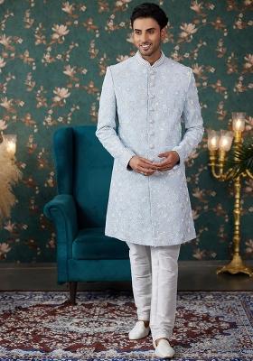 Sky Blue Embroidered Art Silk Sherwani Set For Men