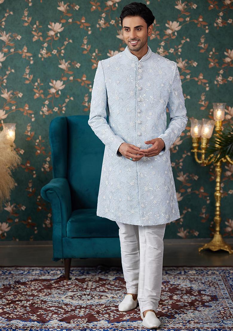 Sky Blue Embroidered Art Silk Sherwani Set For Men