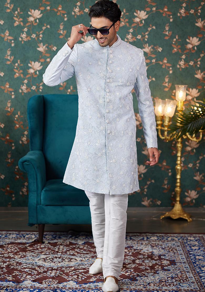 Sky Blue Embroidered Art Silk Sherwani Set For Men