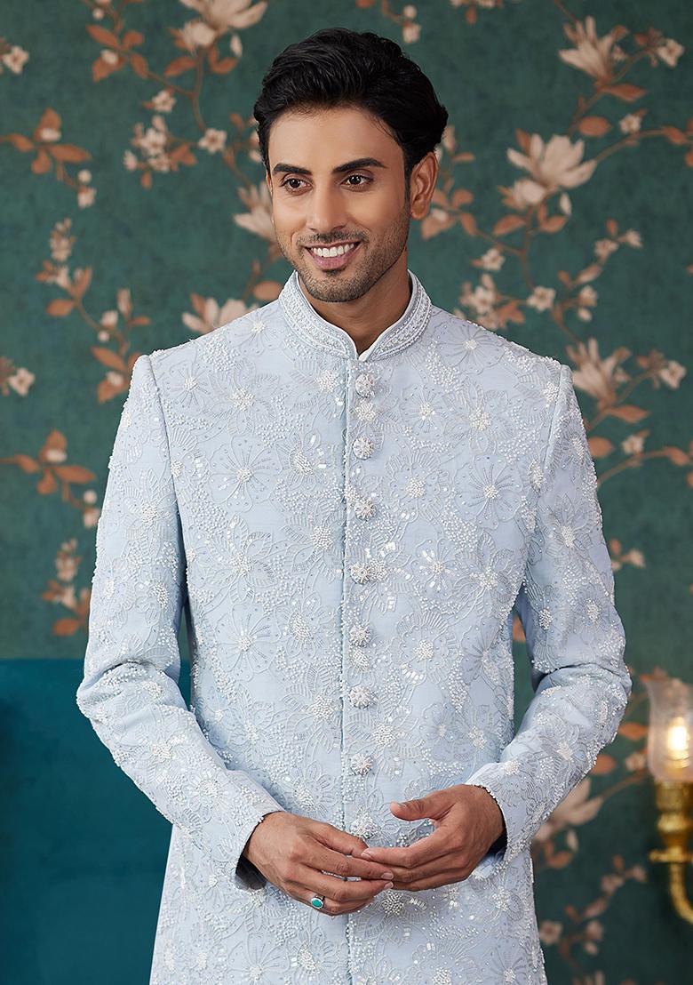 Sky Blue Embroidered Art Silk Sherwani Set For Men