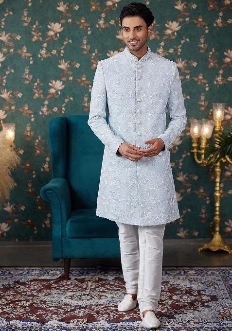 Sky Blue Embroidered Art Silk Sherwani Set For Men
