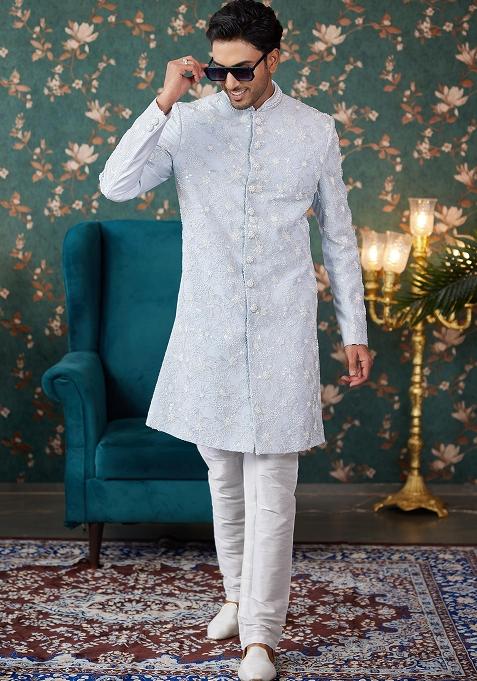 Sky Blue Embroidered Art Silk Sherwani Set For Men