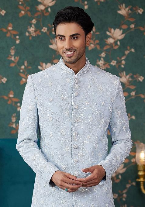 Sky Blue Embroidered Art Silk Sherwani Set For Men