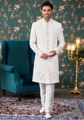 Cream Embroidered Art Silk Sherwani Set For Men