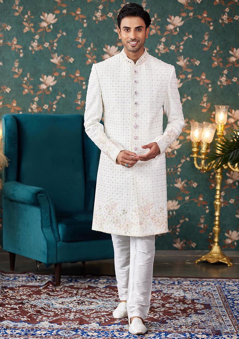 Cream Embroidered Art Silk Sherwani Set For Men
