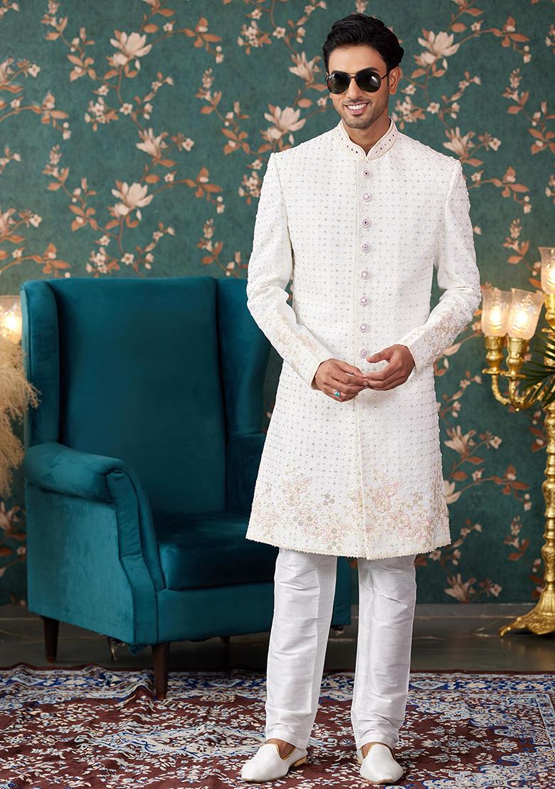 Cream Embroidered Art Silk Sherwani Set For Men