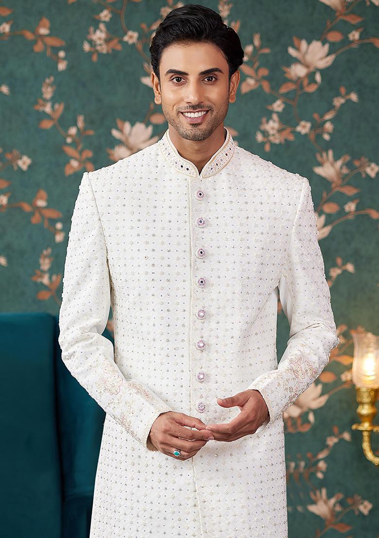 Cream Embroidered Art Silk Sherwani Set For Men