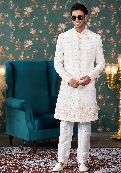 Cream Embroidered Art Silk Sherwani Set For Men