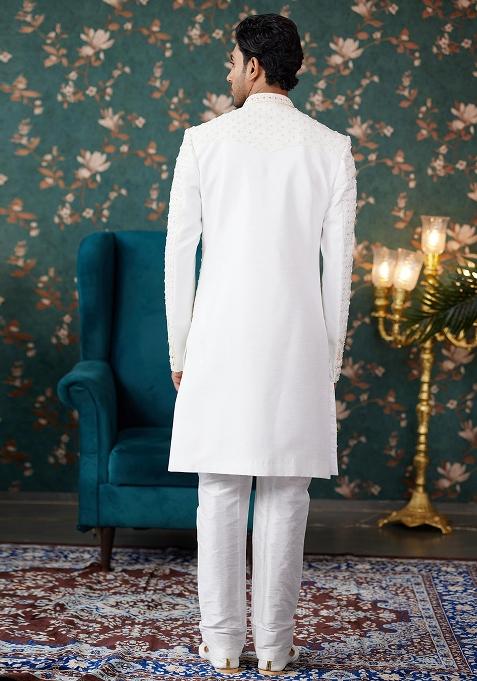 Cream Embroidered Art Silk Sherwani Set For Men