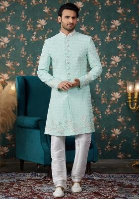 Pista Green Embroidered Art Silk Sherwani Set For Men