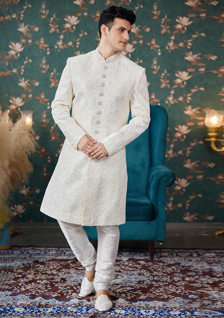 Cream Embroidered Art Silk Sherwani Set For Men