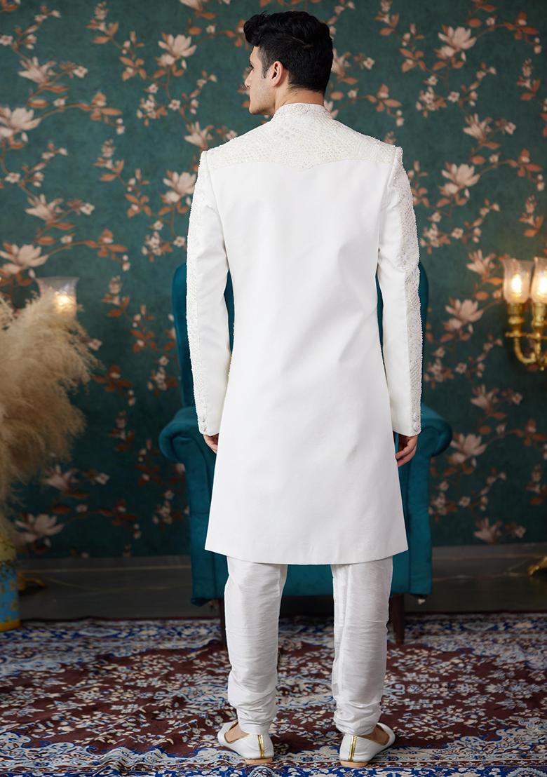 Cream Embroidered Art Silk Sherwani Set For Men