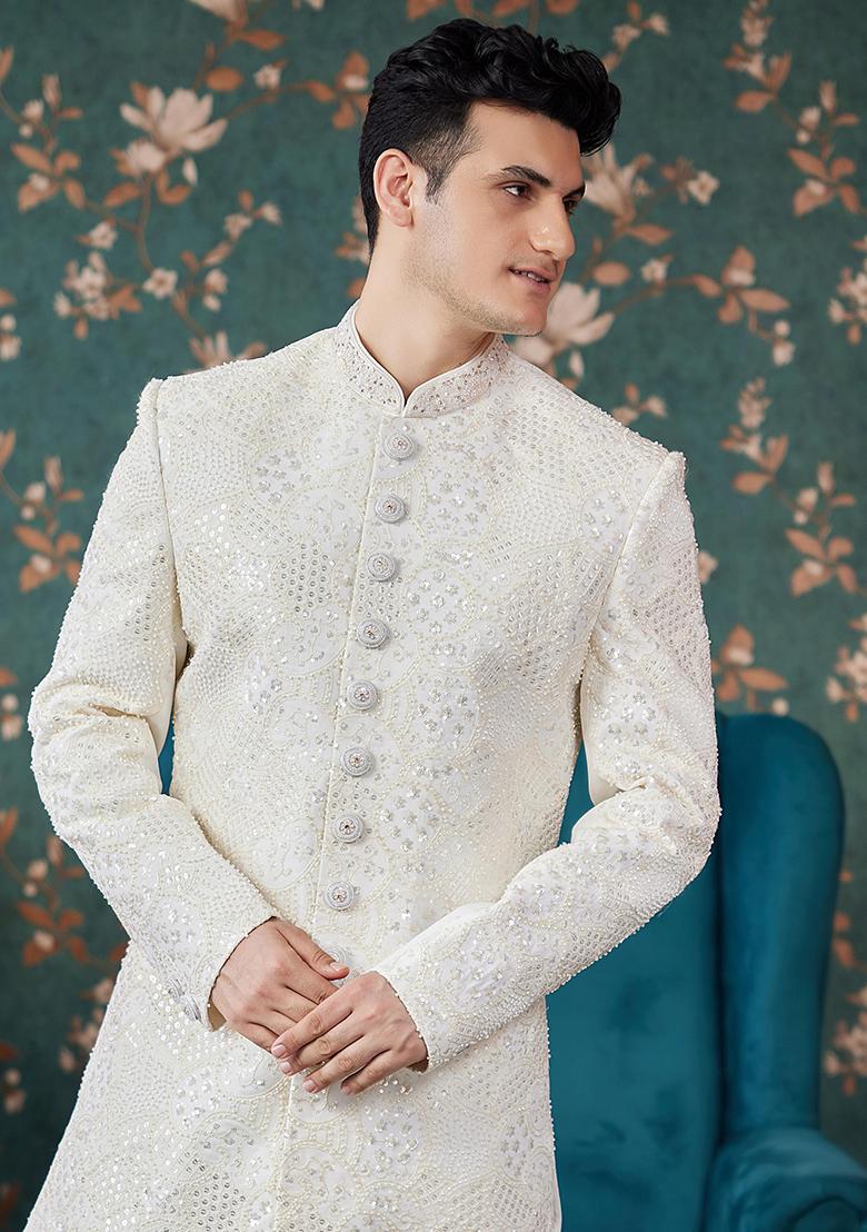Cream Embroidered Art Silk Sherwani Set For Men