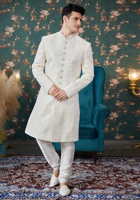 Cream Embroidered Art Silk Sherwani Set For Men