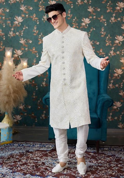 Cream Embroidered Art Silk Sherwani Set For Men