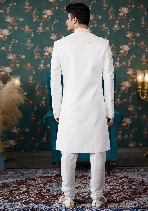 Cream Embroidered Art Silk Sherwani Set For Men