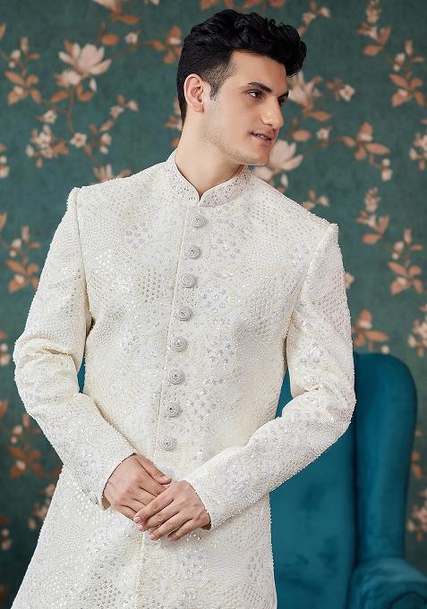 Cream Embroidered Art Silk Sherwani Set For Men