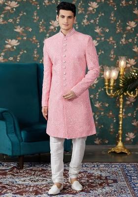 Pink Embroidered Art Silk Sherwani Set For Men