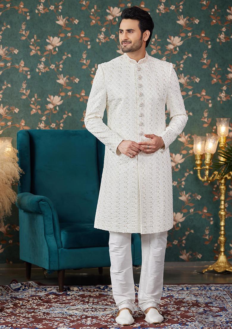 Cream Embroidered Art Silk Sherwani Set For Men