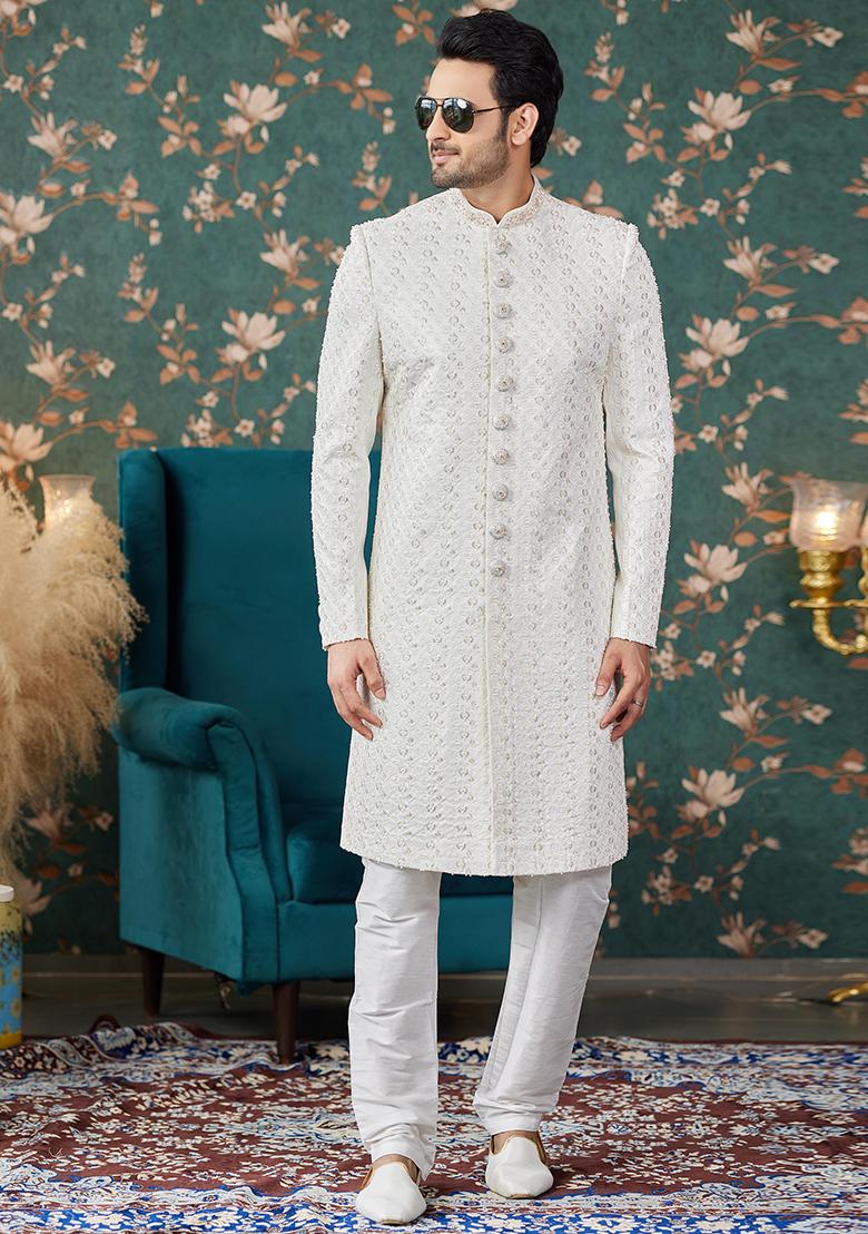 Cream Embroidered Art Silk Sherwani Set For Men